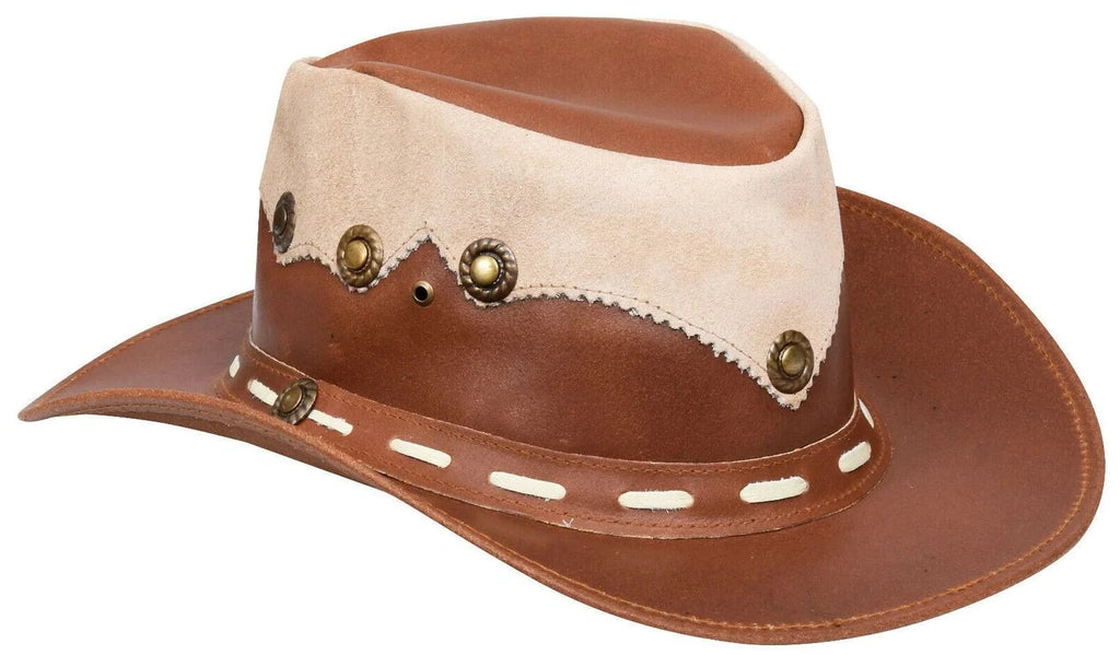 Tan with Beige Western/Bush Style Leather & Suede Hat