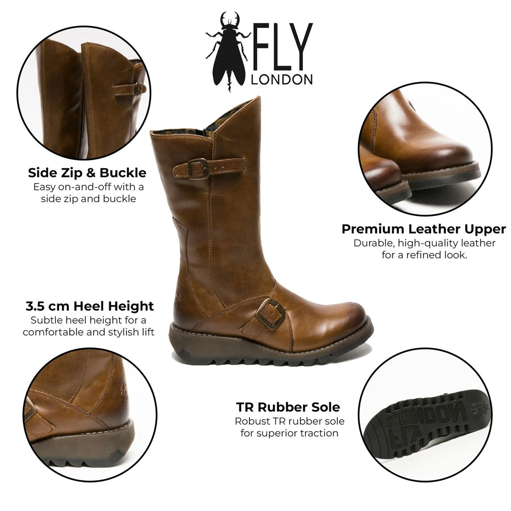 Fly London - MES 2 Women's Camel Leather Mid-Calf Wedge Platform Boots