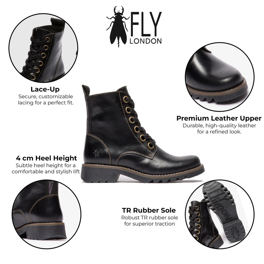 Fly London - RAGI539 Women's Black Leather Lace Up Ankle Boots