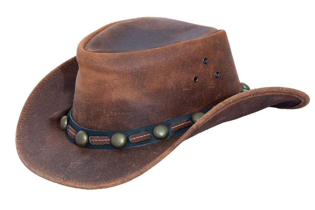 Antique Brown Buff Studded Western/Bush Style Leather Hat