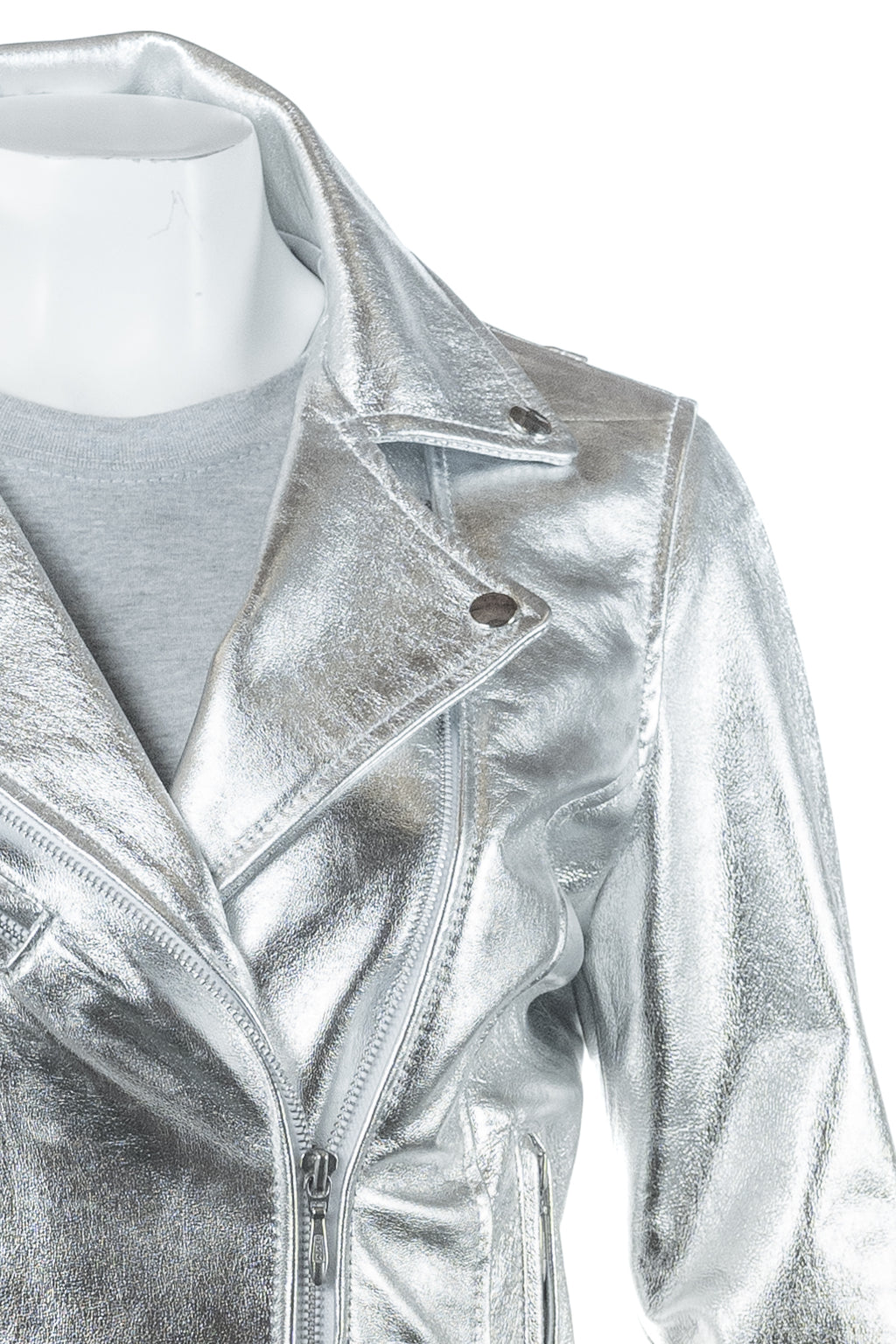 Ladies Silver Leather Biker Jacket - Caroline