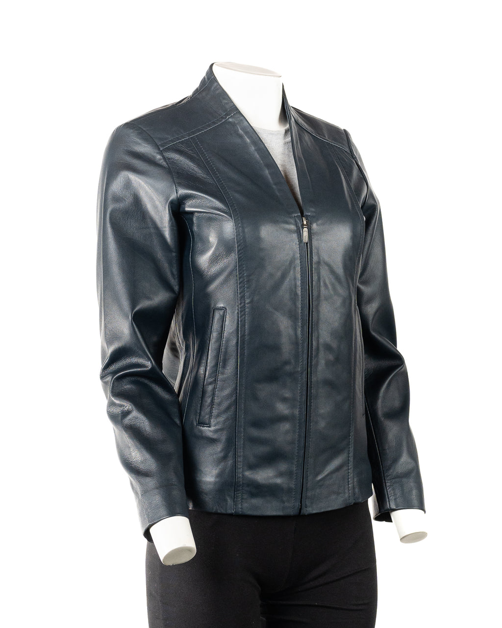 Ladies Simple V-Neck Navy Leather Jacket: Beatrice