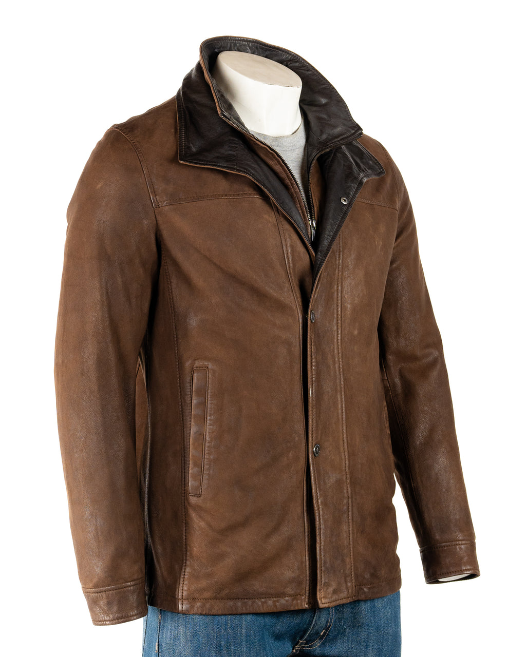 Men's Brown Buff Double contrast Collar Leather Coat: Berto