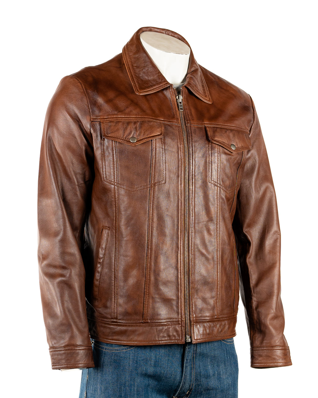 Men's Slim Fit Smart Chestnut Leather Jacket: Brooklyn