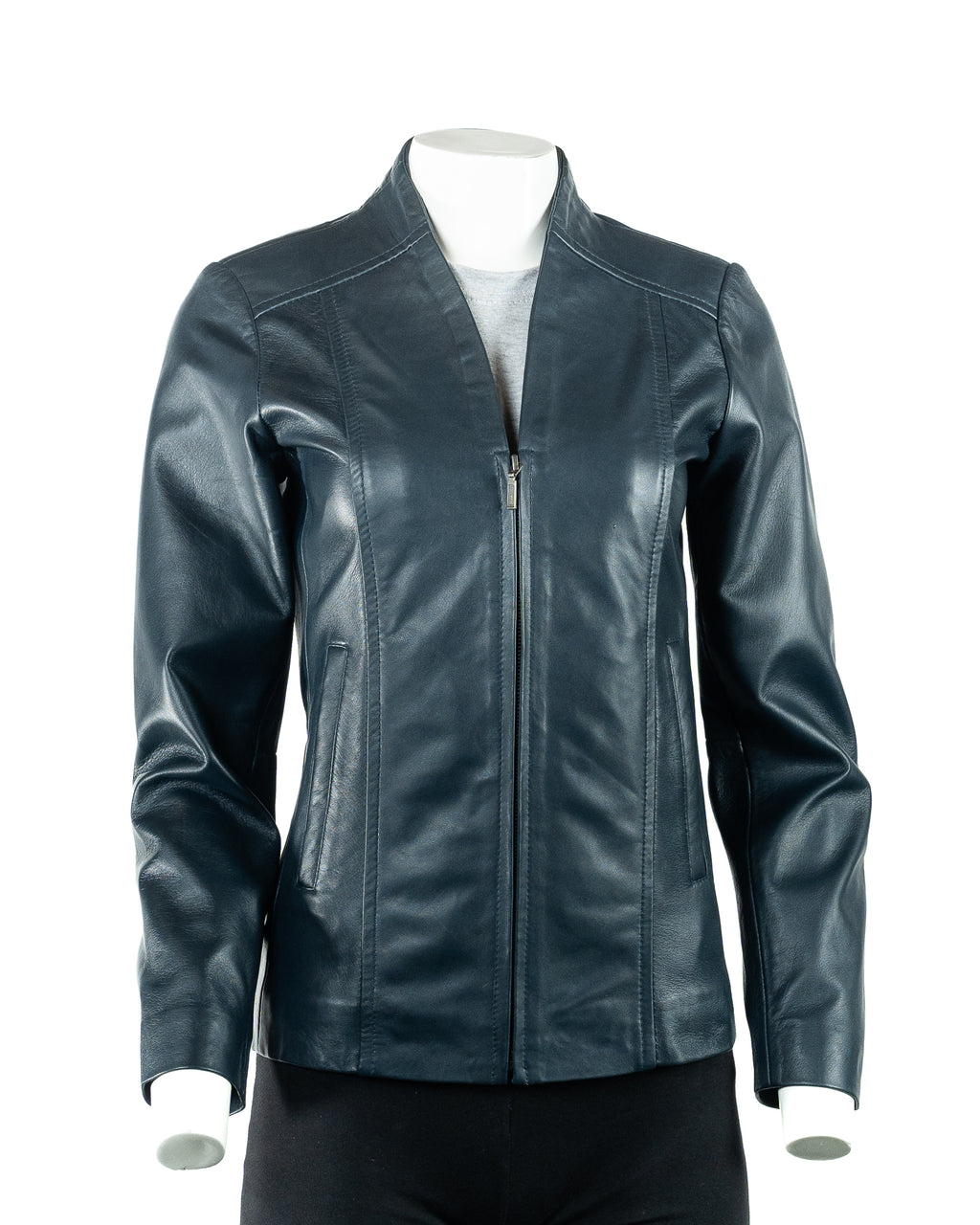 Ladies Simple V-Neck Navy Leather Jacket: Beatrice