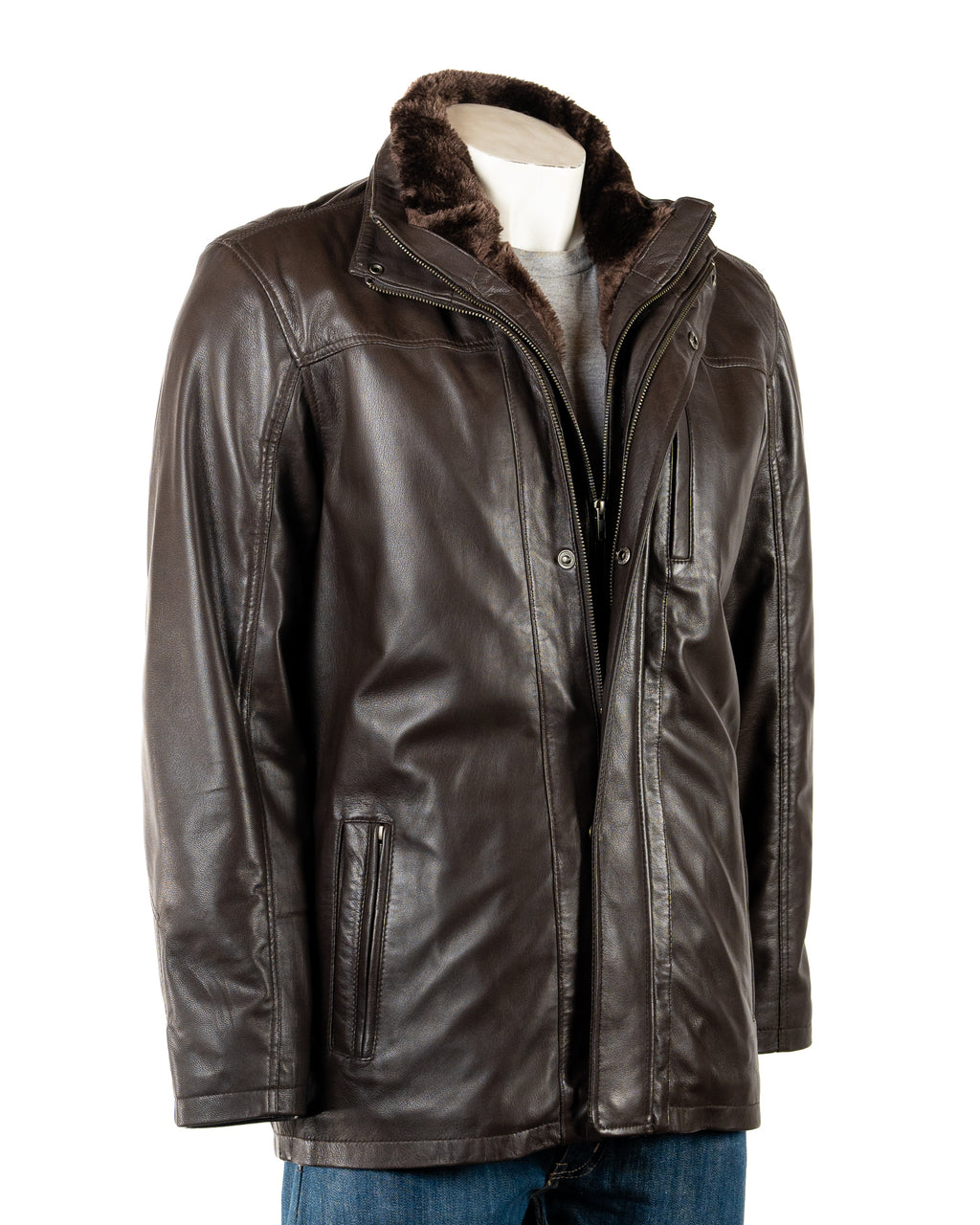 Men's Smart Brown Leather Coat with Removable Inner Collar: Tobias