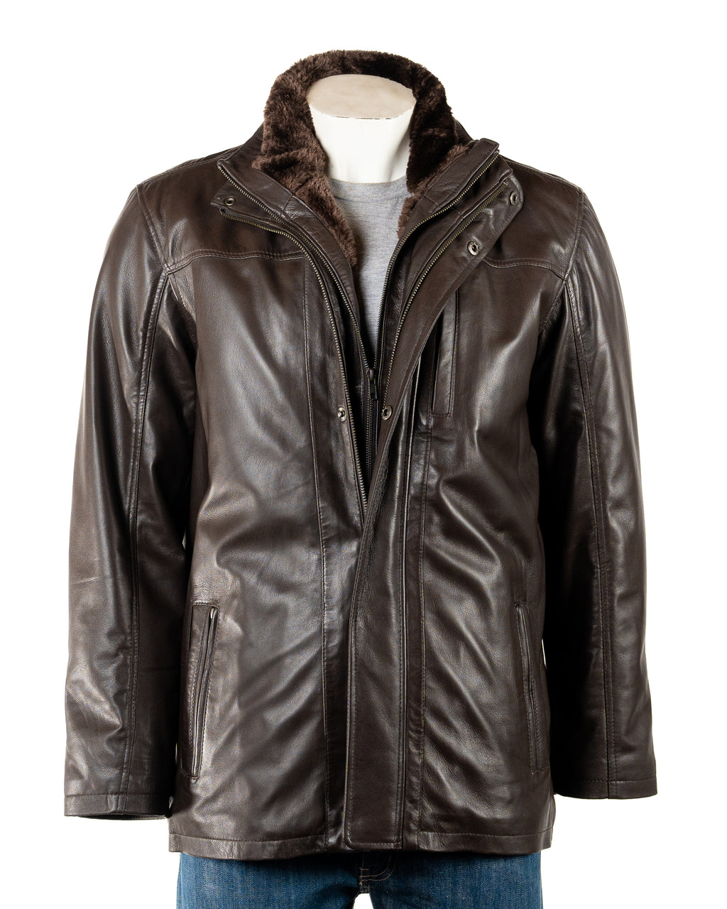 Men's Smart Brown Leather Coat with Removable Inner Collar: Tobias