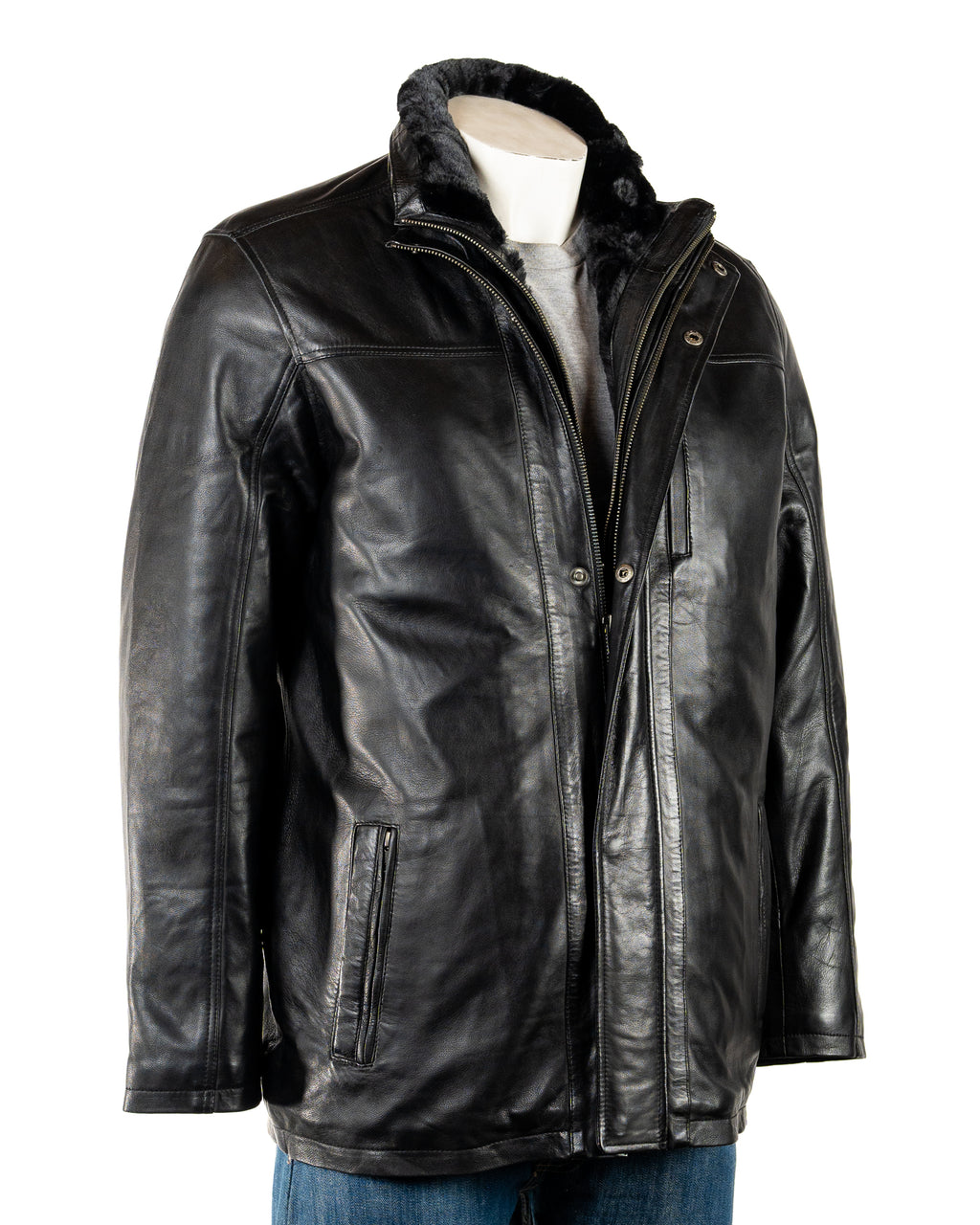 Men's Smart Black Leather Coat with Removable Inner Collar: Tobias