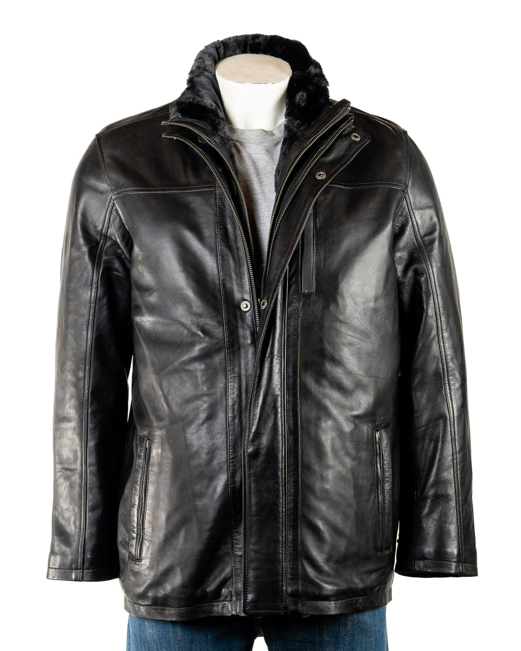 Men's Smart Black Leather Coat with Removable Inner Collar: Tobias