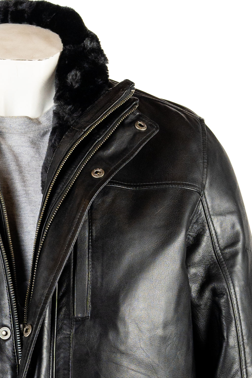 Men's Smart Black Leather Coat with Removable Inner Collar: Tobias