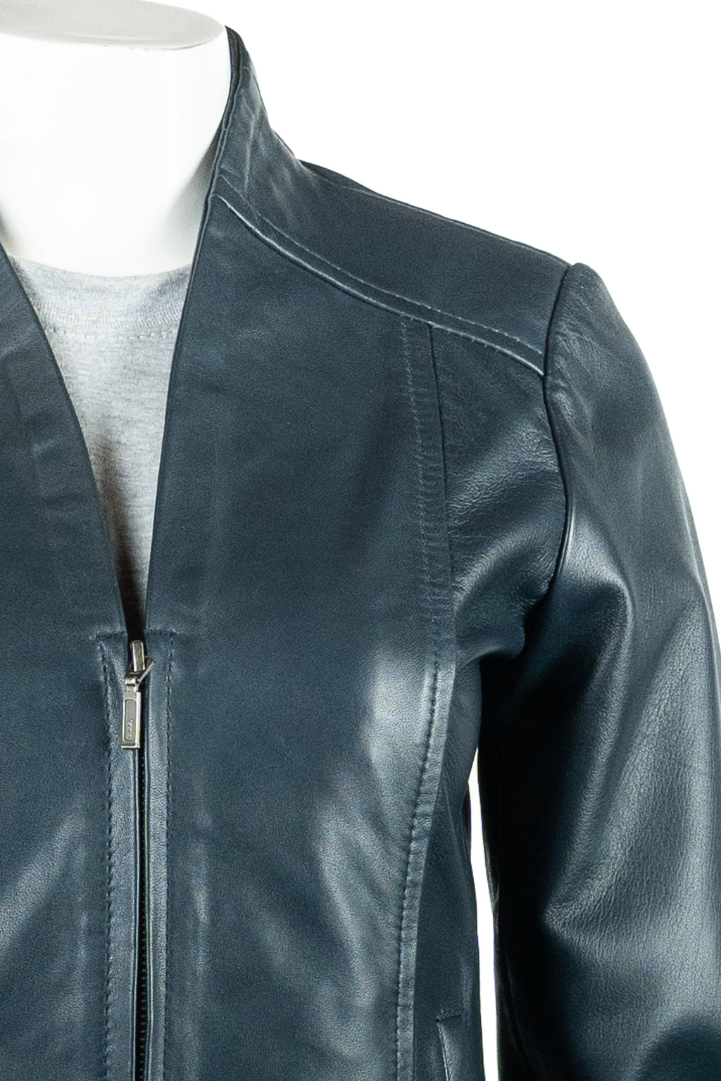 Ladies Simple V-Neck Navy Leather Jacket: Beatrice