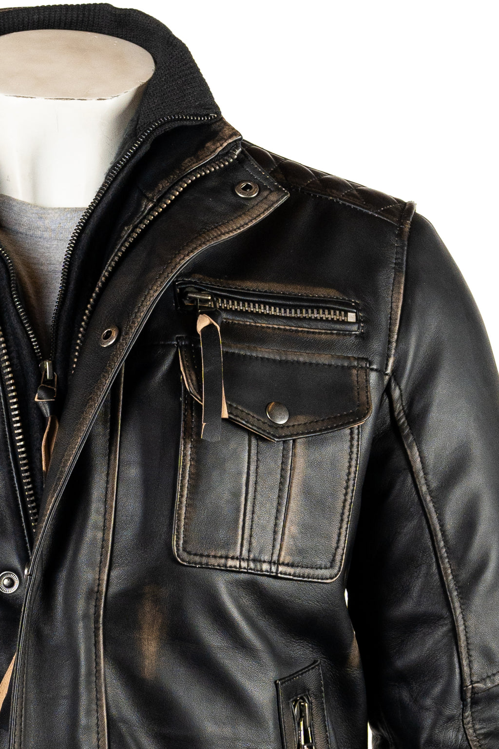 Men's Antique Black Leather Jacket with Detachable Double Collar - Ottavio