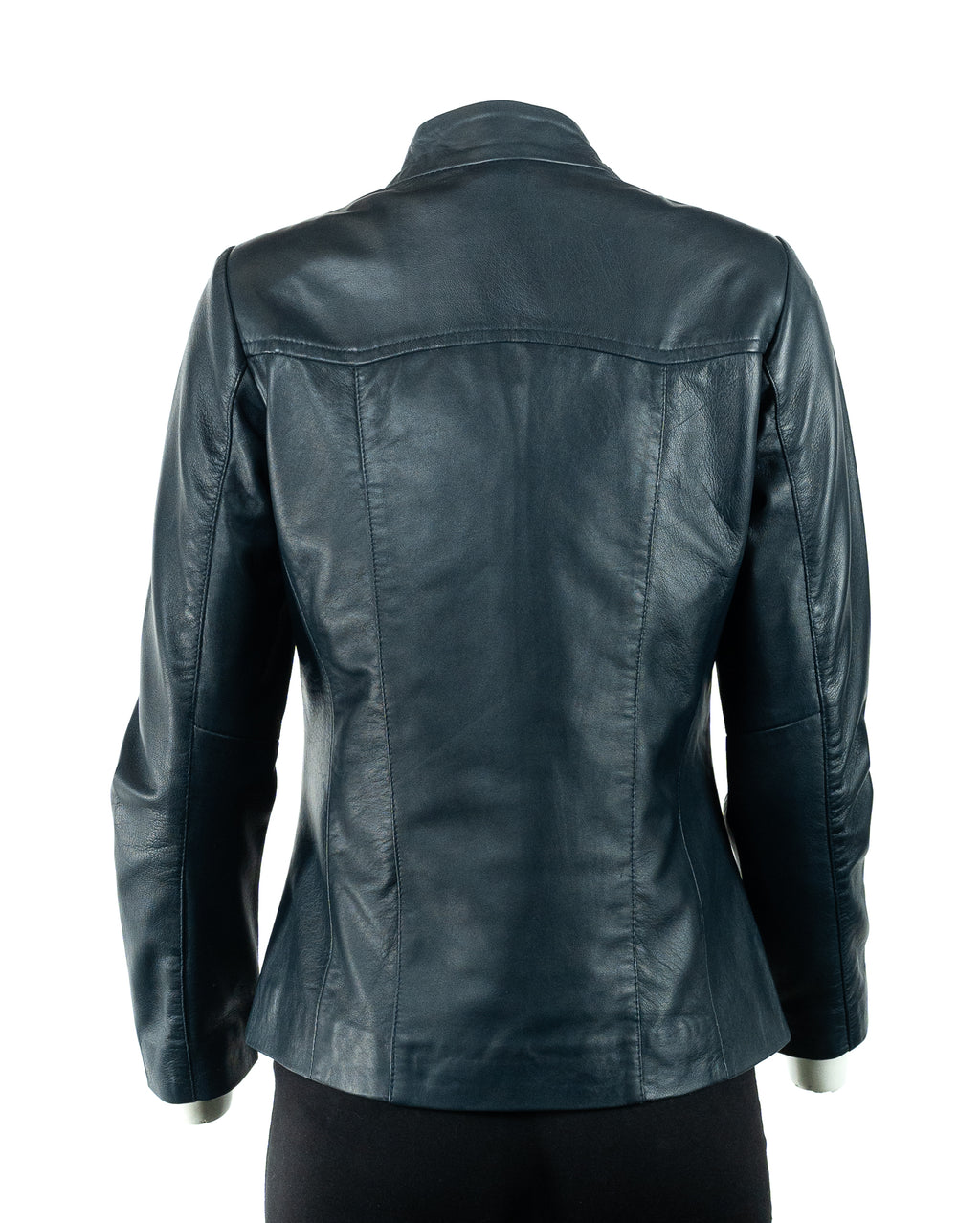 Ladies Simple V-Neck Navy Leather Jacket: Beatrice