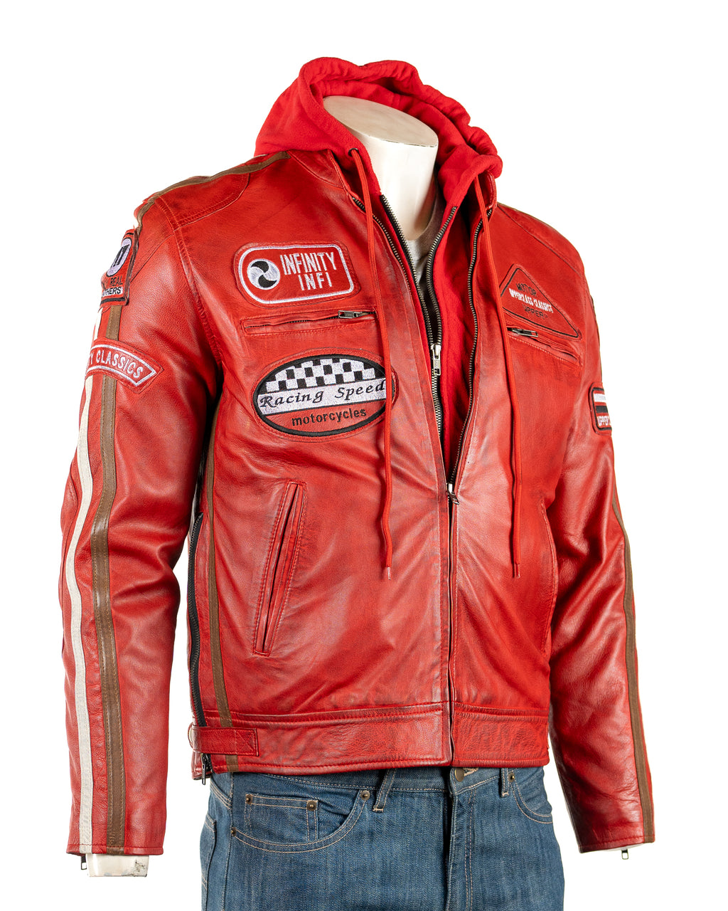 Men's Red Nappa Racing Biker Style Leather Jacket with Detachable Hood: Paolo