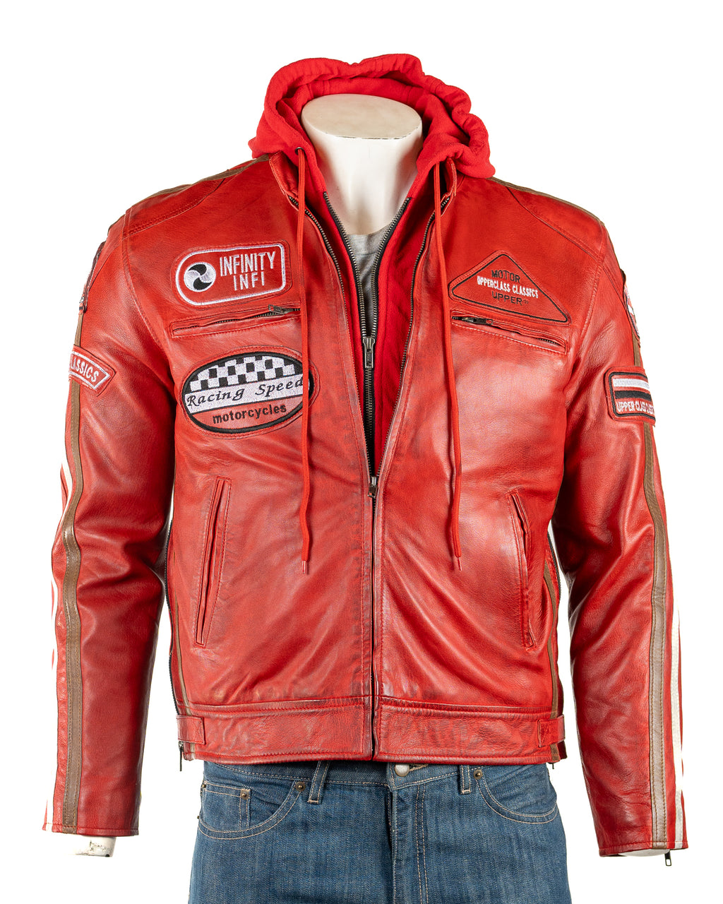 Men's Red Nappa Racing Biker Style Leather Jacket with Detachable Hood: Paolo