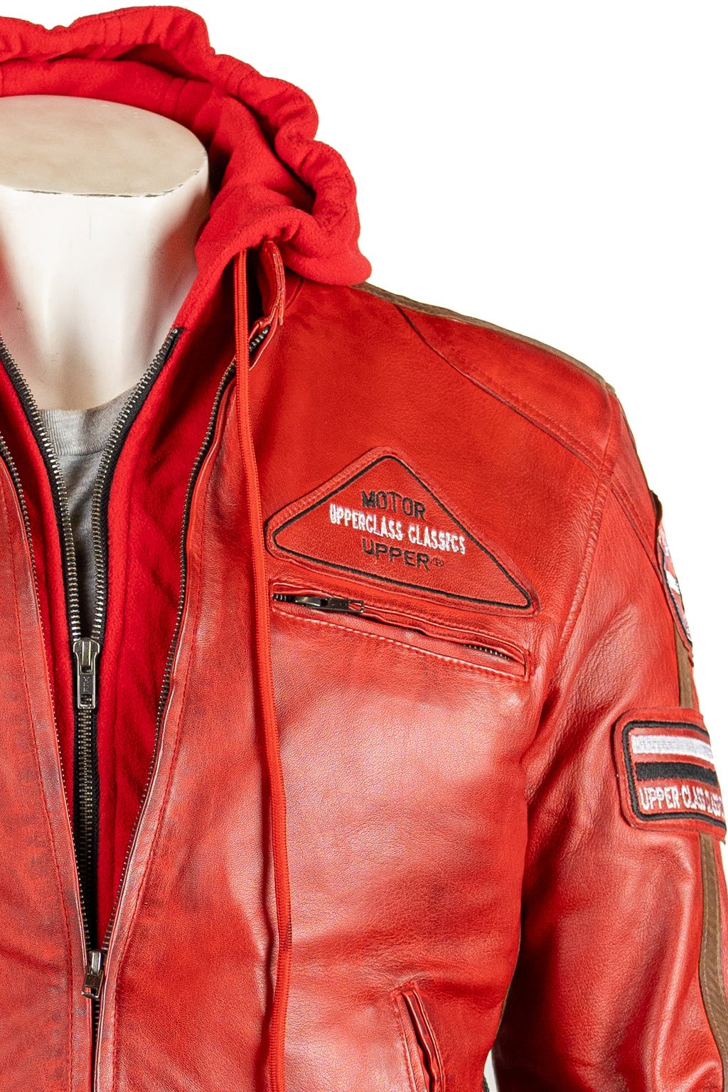 Men's Red Nappa Racing Biker Style Leather Jacket with Detachable Hood: Paolo