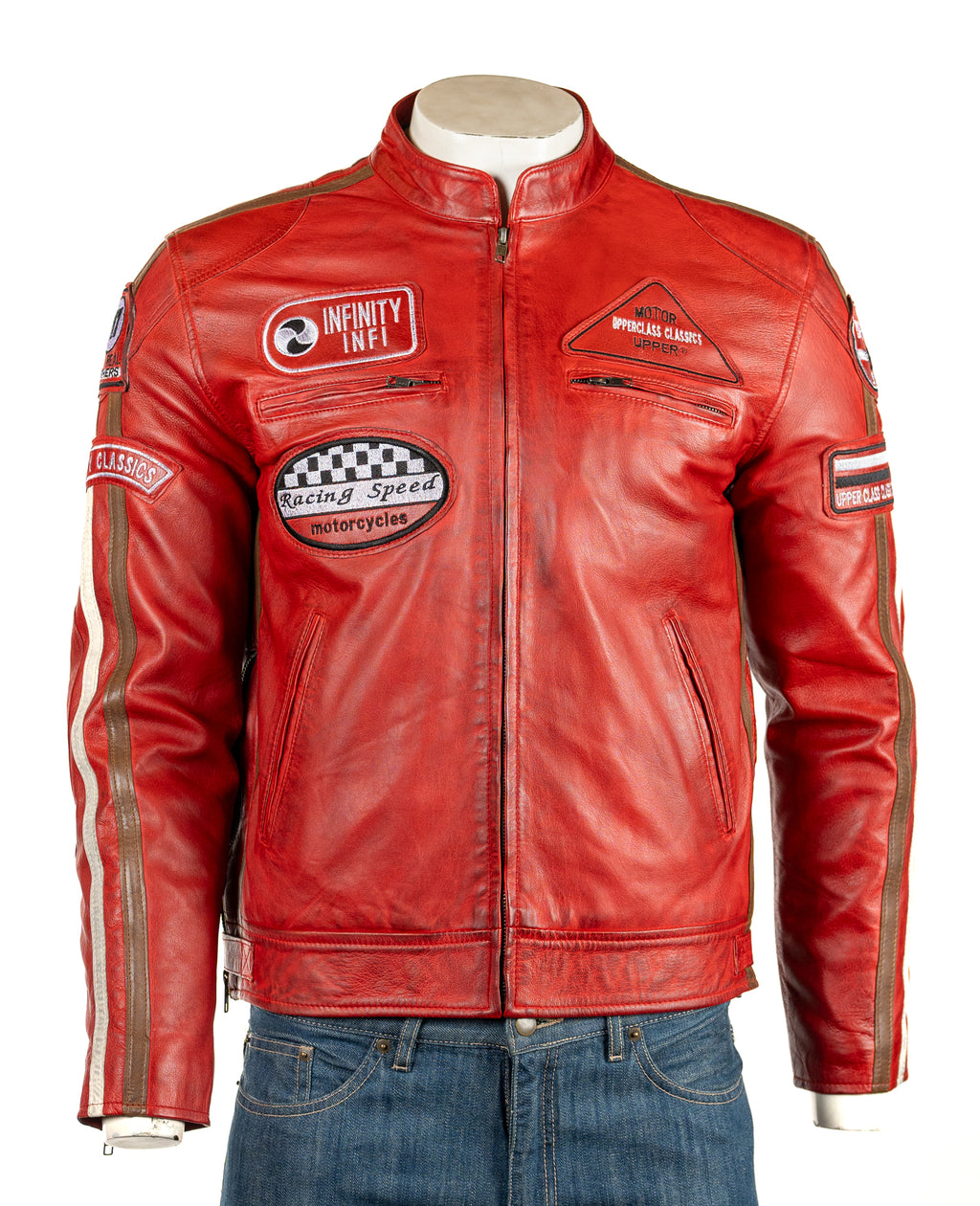 Men's Red Nappa Racing Biker Style Leather Jacket with Detachable Hood: Paolo