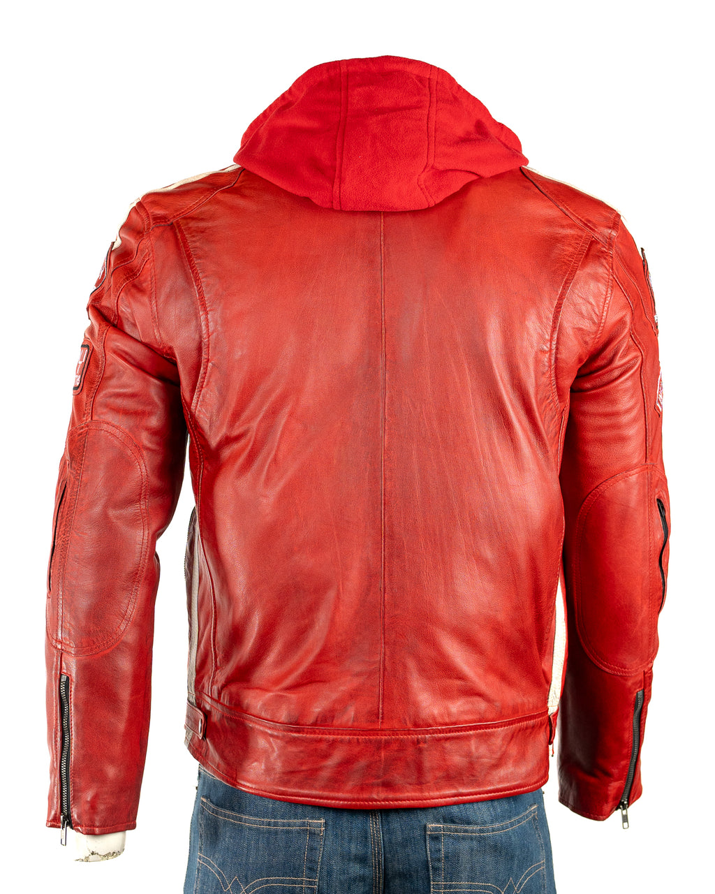 Men's Red Nappa Racing Biker Style Leather Jacket with Detachable Hood: Paolo