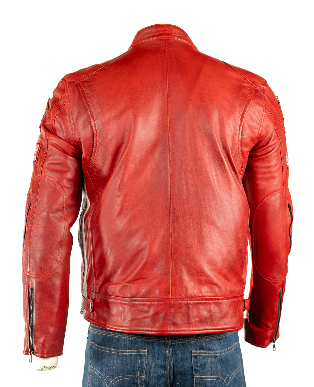 Men's Red Nappa Racing Biker Style Leather Jacket with Detachable Hood: Paolo