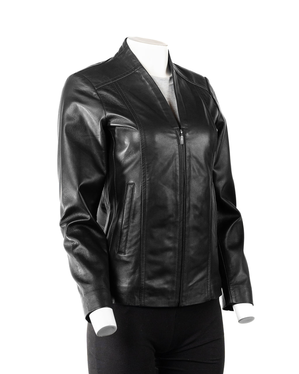 Ladies Simple V-Neck Black Leather Jacket: Beatrice