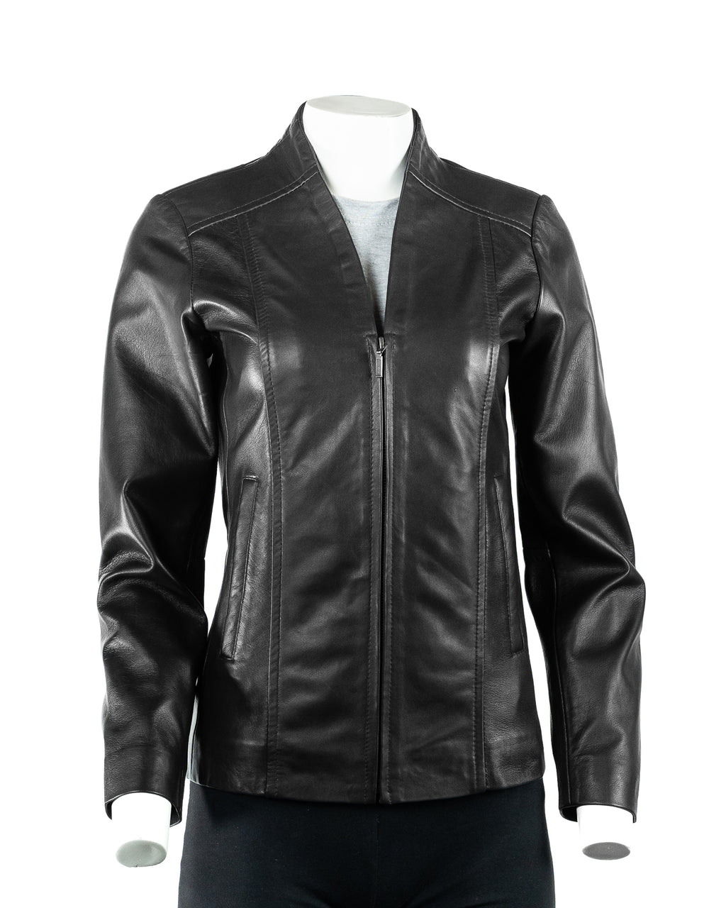 Ladies Simple V-Neck Black Leather Jacket: Beatrice