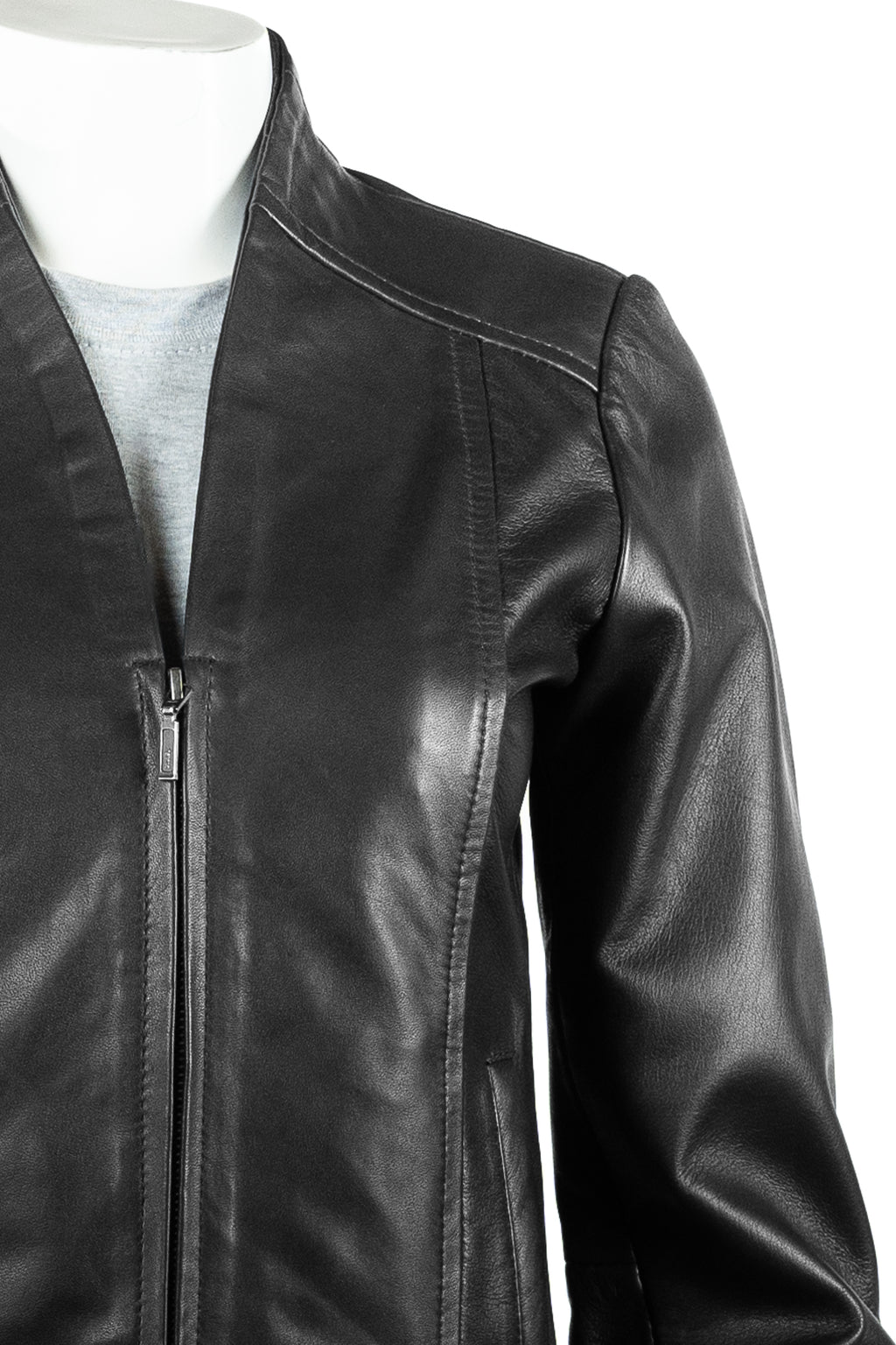 Ladies Simple V-Neck Black Leather Jacket: Beatrice