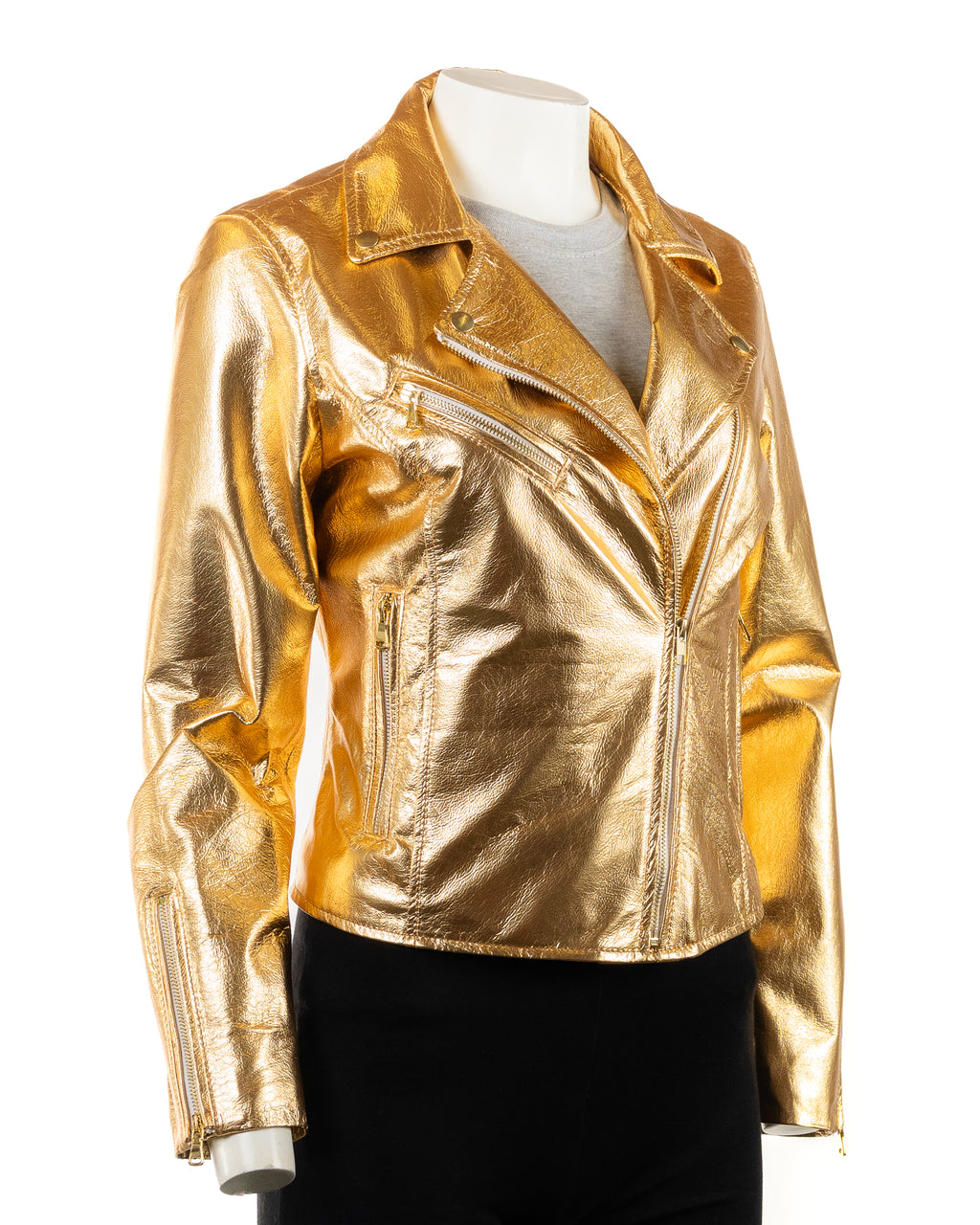 Ladies Gold Leather Biker Jacket - Caroline