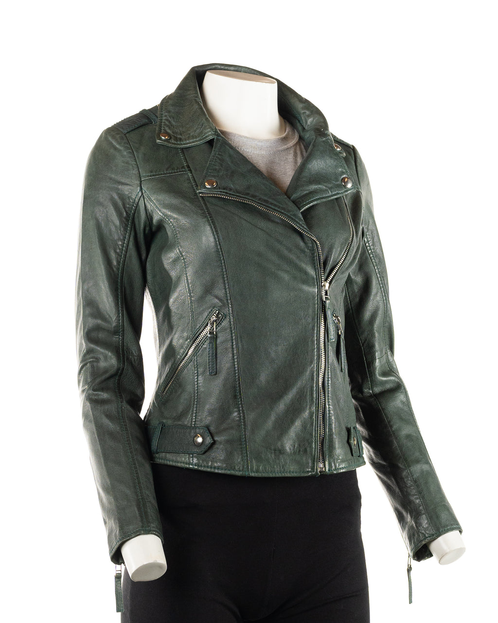 Women's Bottle Green Simple Asymmetric Leather Biker Jacket: Zara