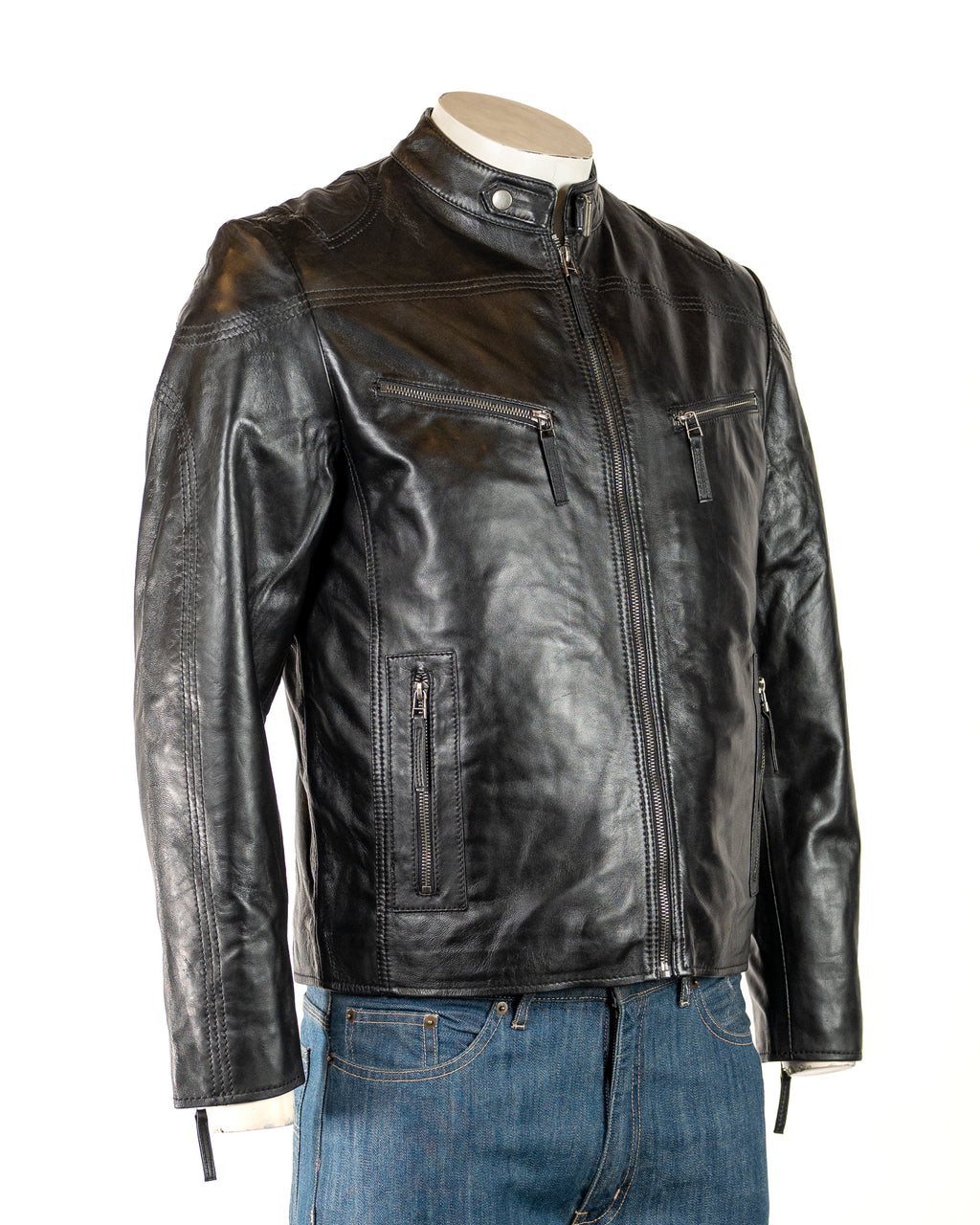 Men's Black Stitch detail Biker Style Leather Jacket: Eli