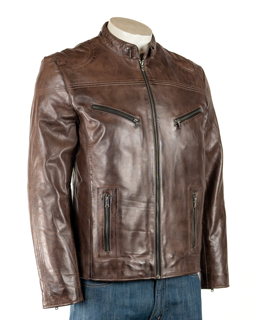 Men's Antique Brown Stitch detail Biker Style Leather Jacket: Eli