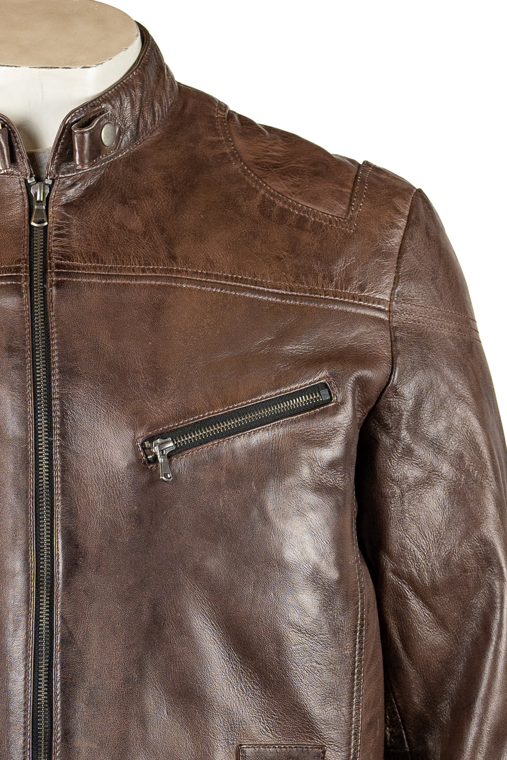 Men's Antique Brown Stitch detail Biker Style Leather Jacket: Eli