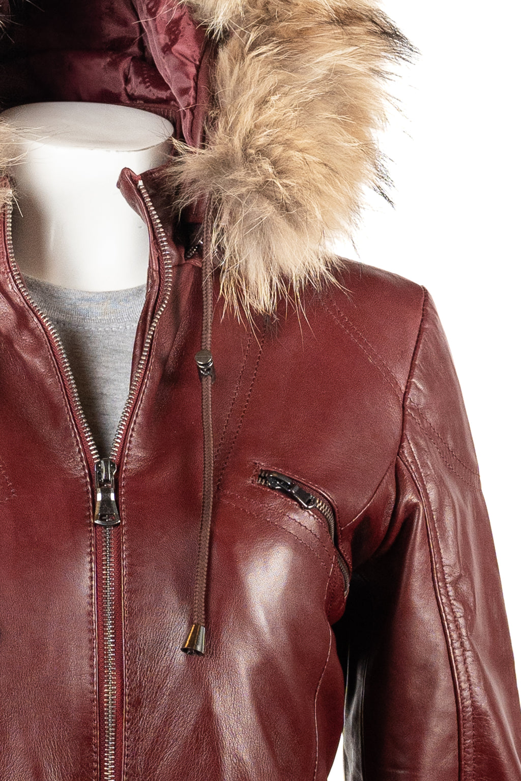 Ladies Burgundy Belted Leather Coat With Detachable Fur Trimmed Hood: Paola