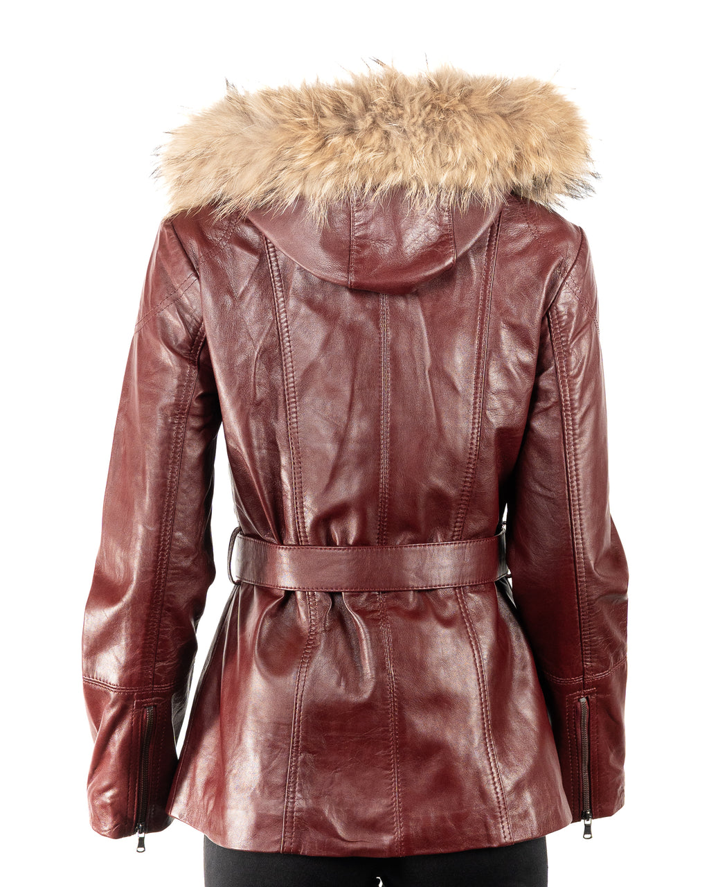 Ladies Burgundy Belted Leather Coat With Detachable Fur Trimmed Hood: Paola