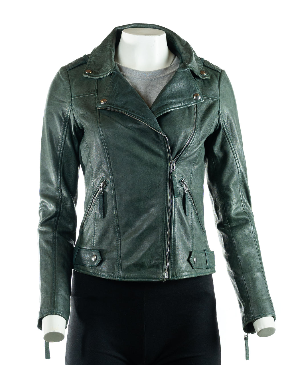 Women's Bottle Green Simple Asymmetric Leather Biker Jacket: Zara