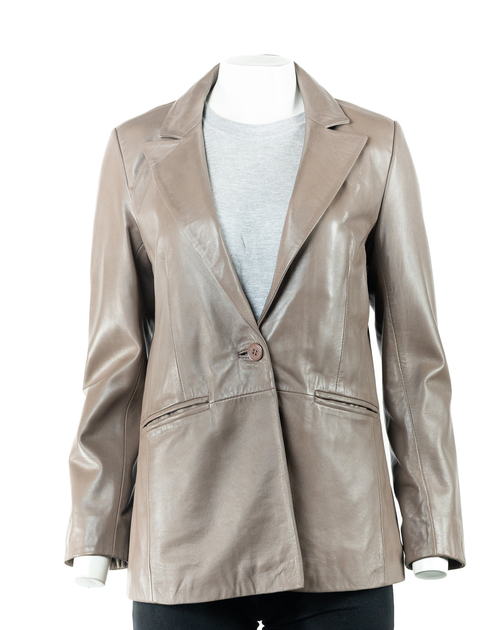 Ladies Taupe One Button Leather Blazer: Mirabella