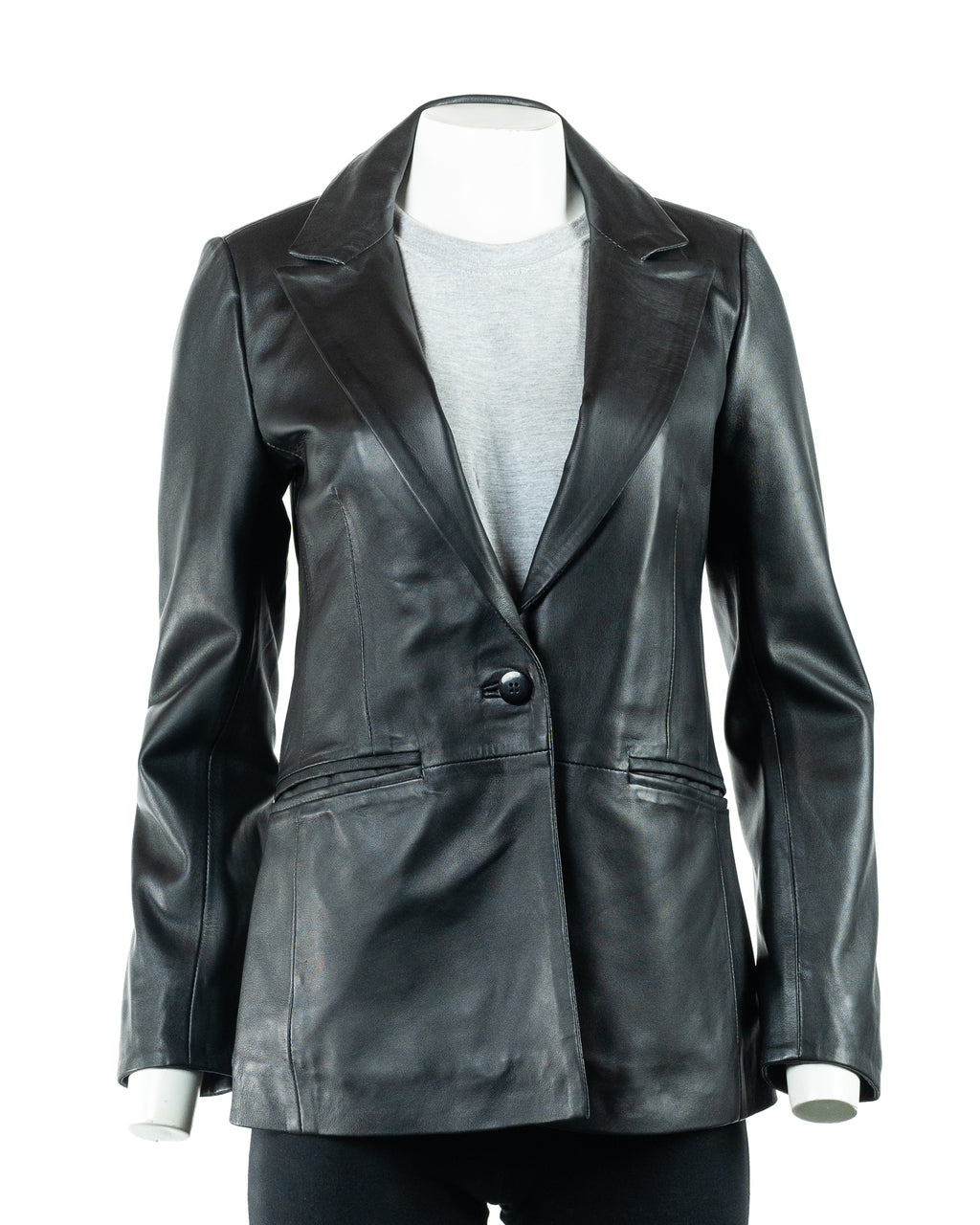 Ladies Black One Button Leather Blazer: Mirabella