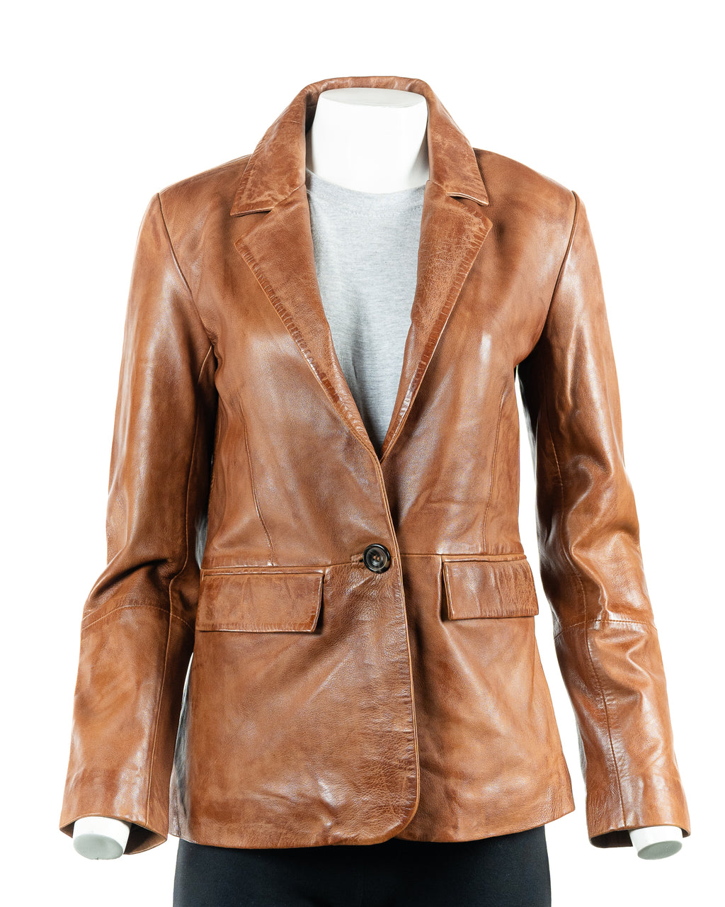 Ladies Charm Exclusive Cognac One Button Leather Blazer: Mirabelle