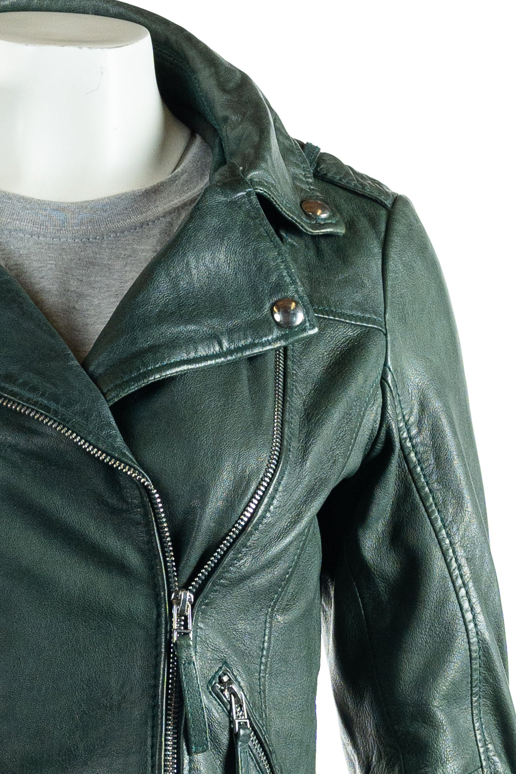 Women's Bottle Green Simple Asymmetric Leather Biker Jacket: Zara