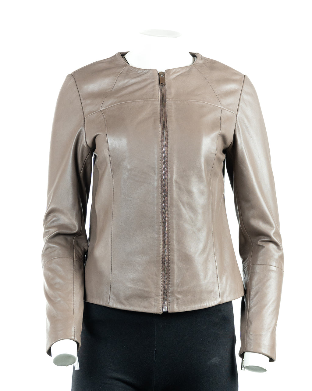 Ladies Simple Round Neck Taupe Leather Jacket: Aria