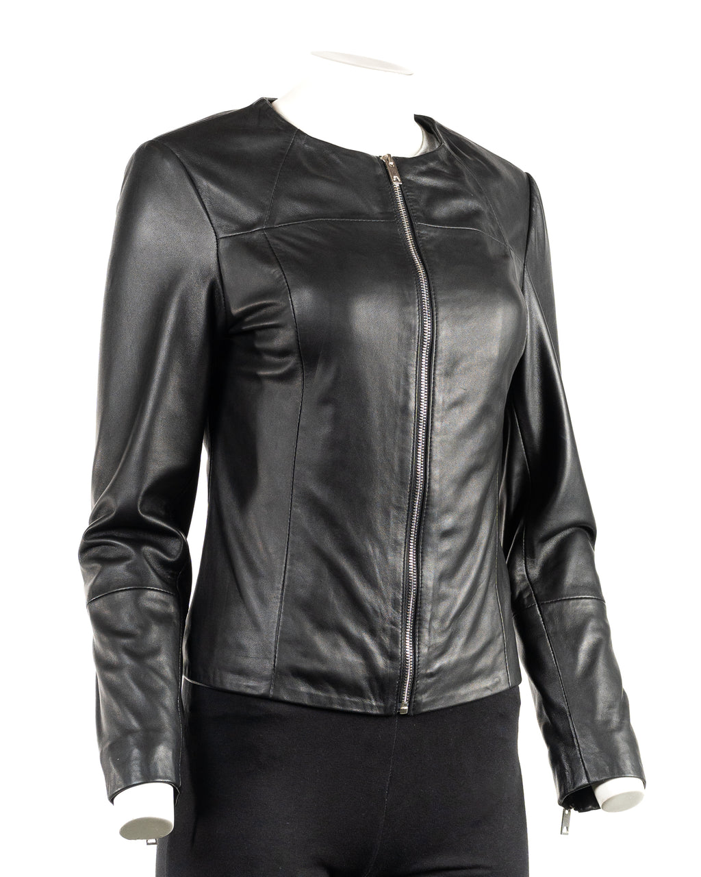 Ladies Simple Round Neck Black Leather Jacket: Aria