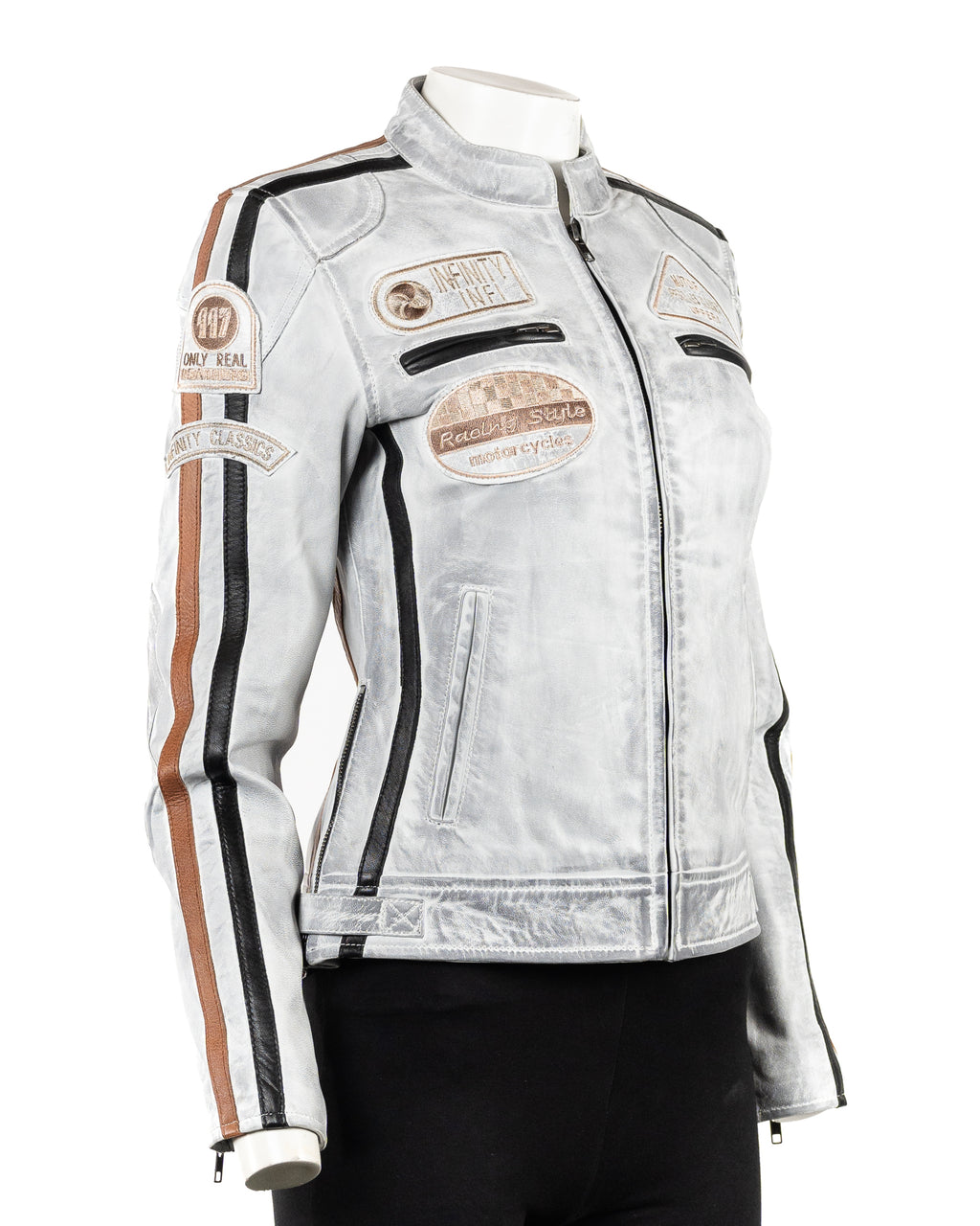 Women's Antique White Vintage Style Racing Biker Style Leather Jacket: Paoline