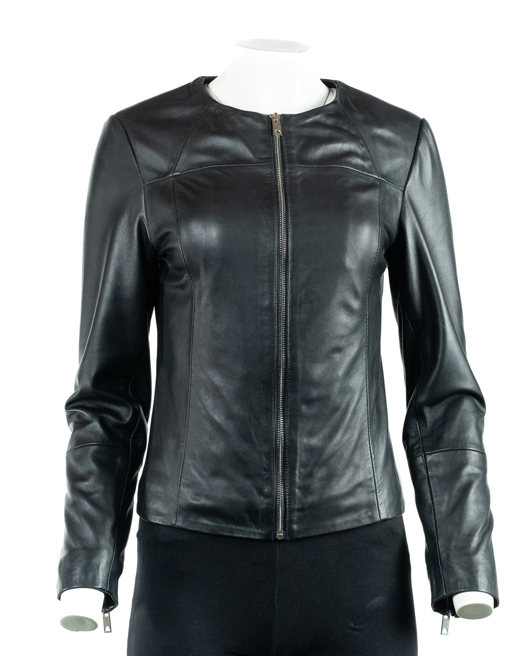 Ladies Simple Round Neck Black Leather Jacket: Aria