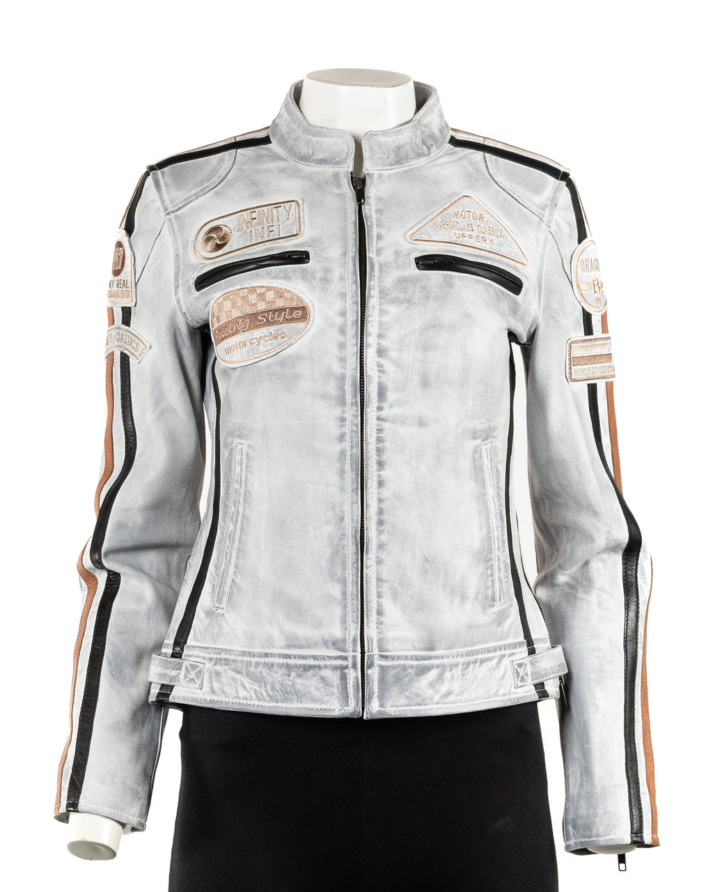 Women's Antique White Vintage Style Racing Biker Style Leather Jacket: Paoline