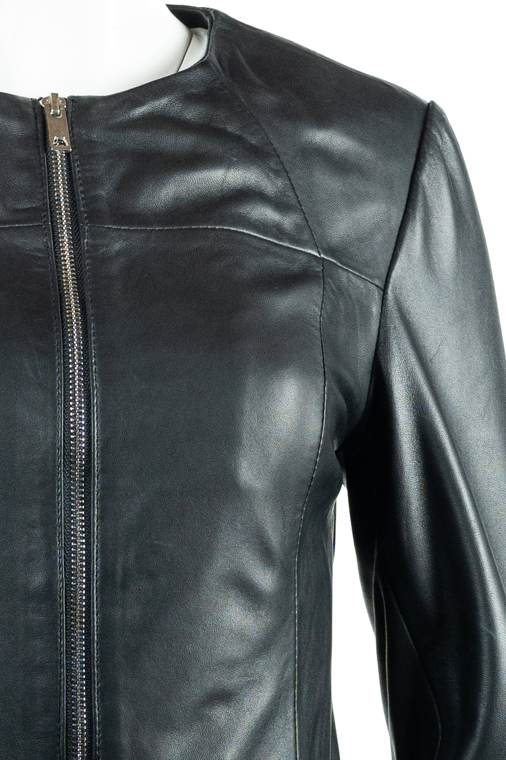 Ladies Simple Round Neck Black Leather Jacket: Aria