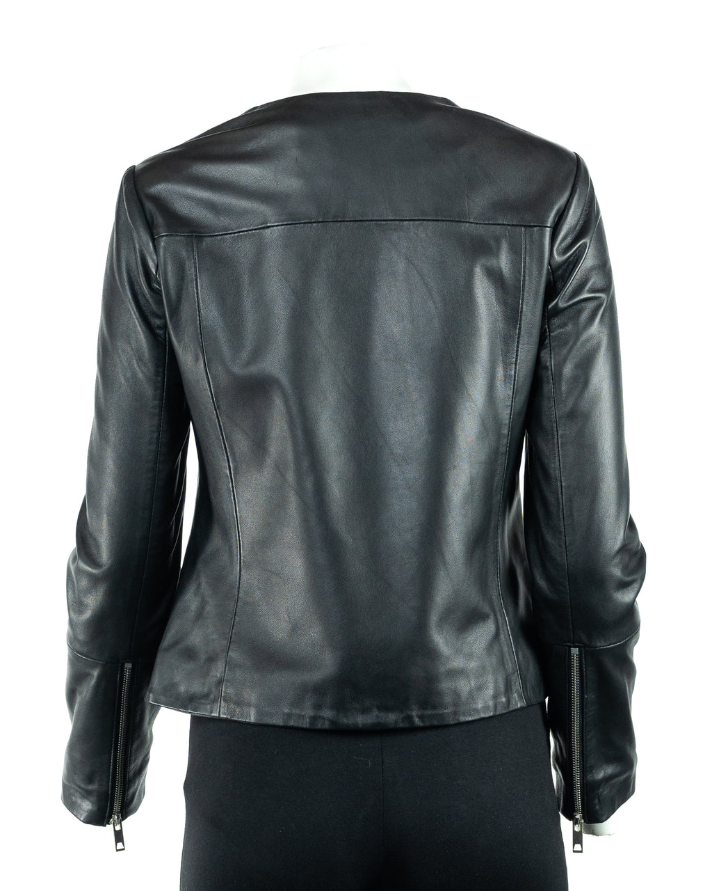 Ladies Simple Round Neck Black Leather Jacket: Aria