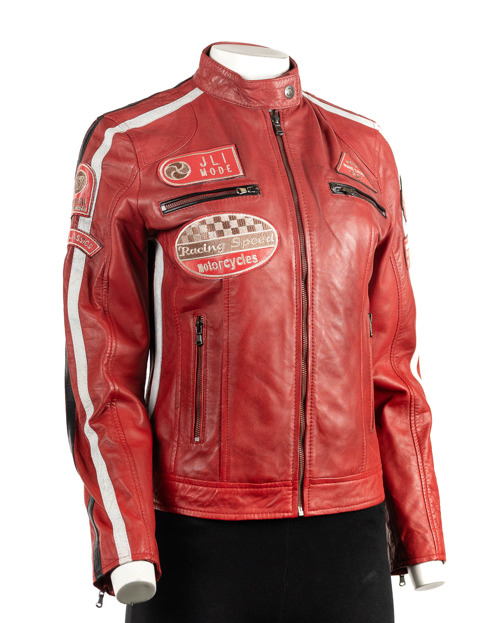 Women's Red Vintage Style Racing Biker Style Leather Jacket: Paoline