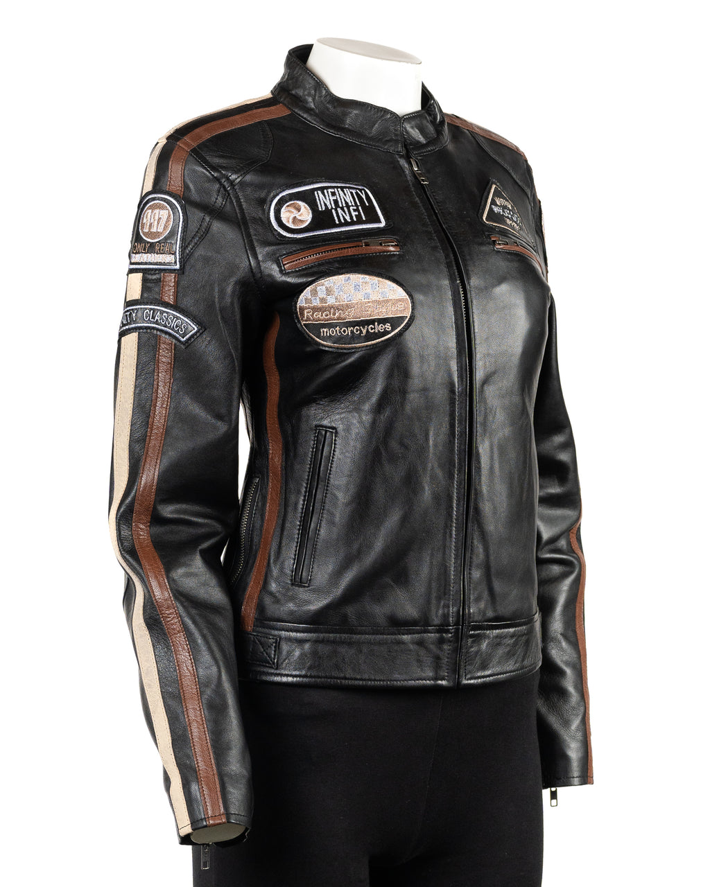 Women's Black Vintage Style Racing Biker Style Leather Jacket: Paoline