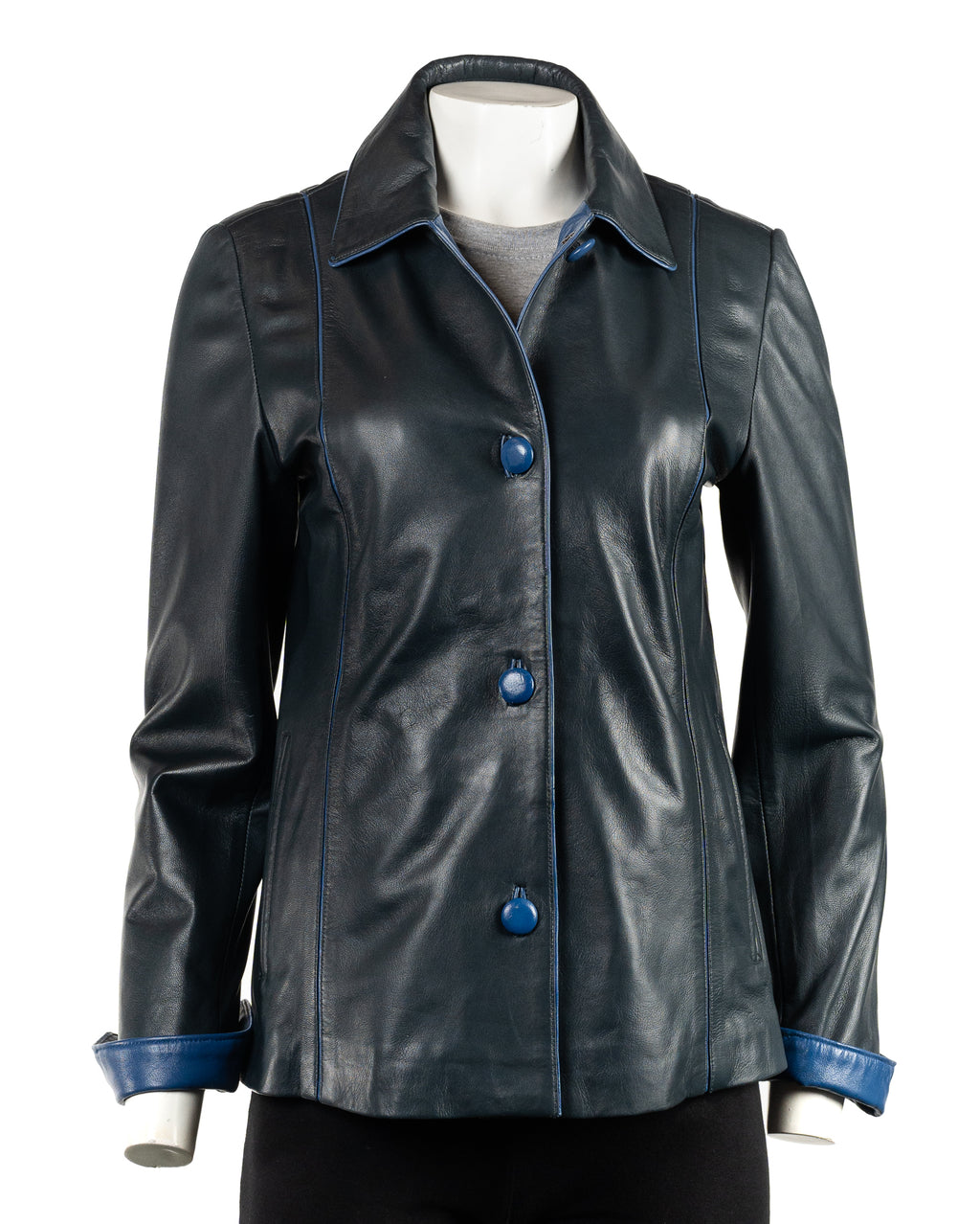 Ladies Navy Contrast Buttoned Leather Jacket: Cassandra