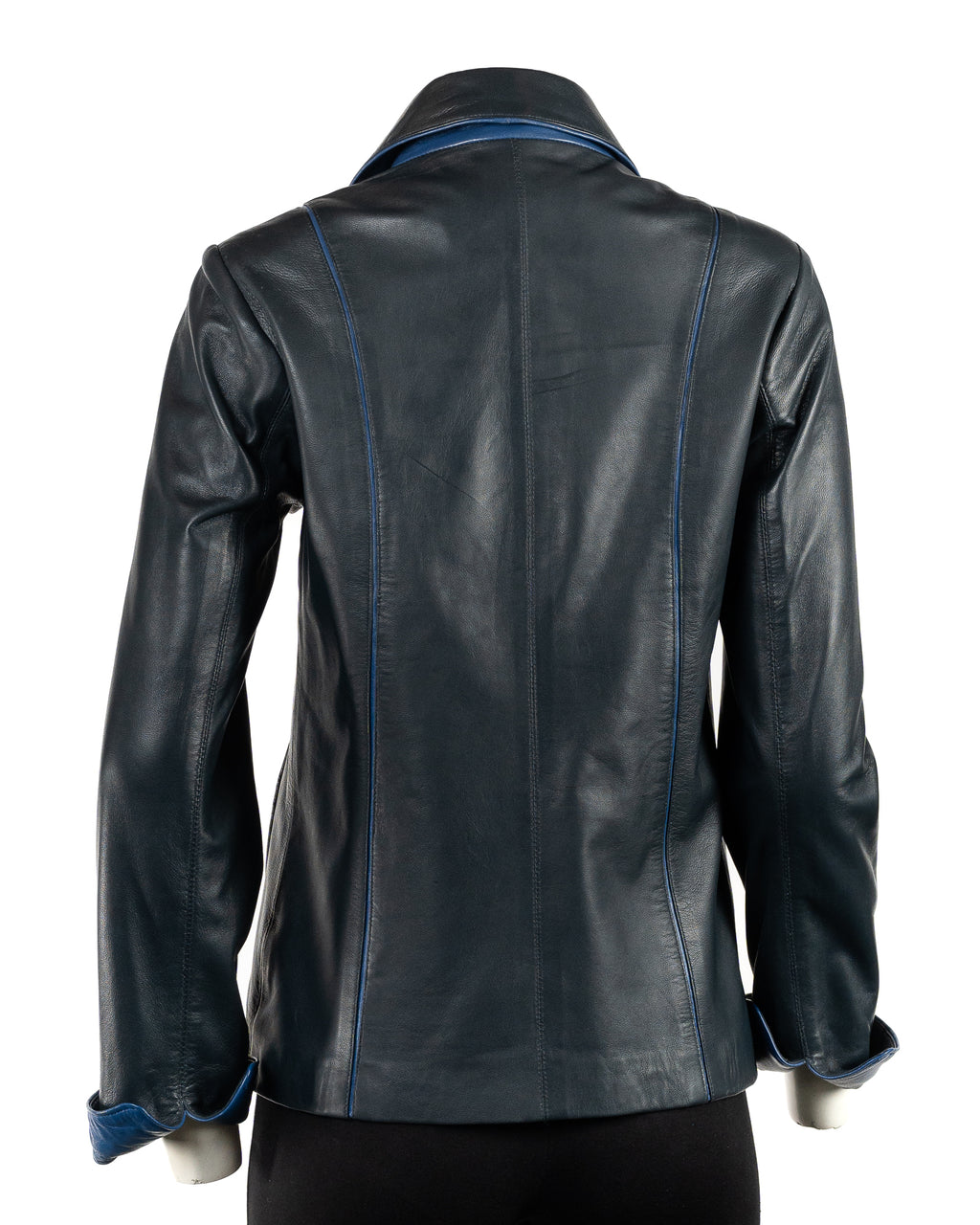 Ladies Navy Contrast Buttoned Leather Jacket: Cassandra