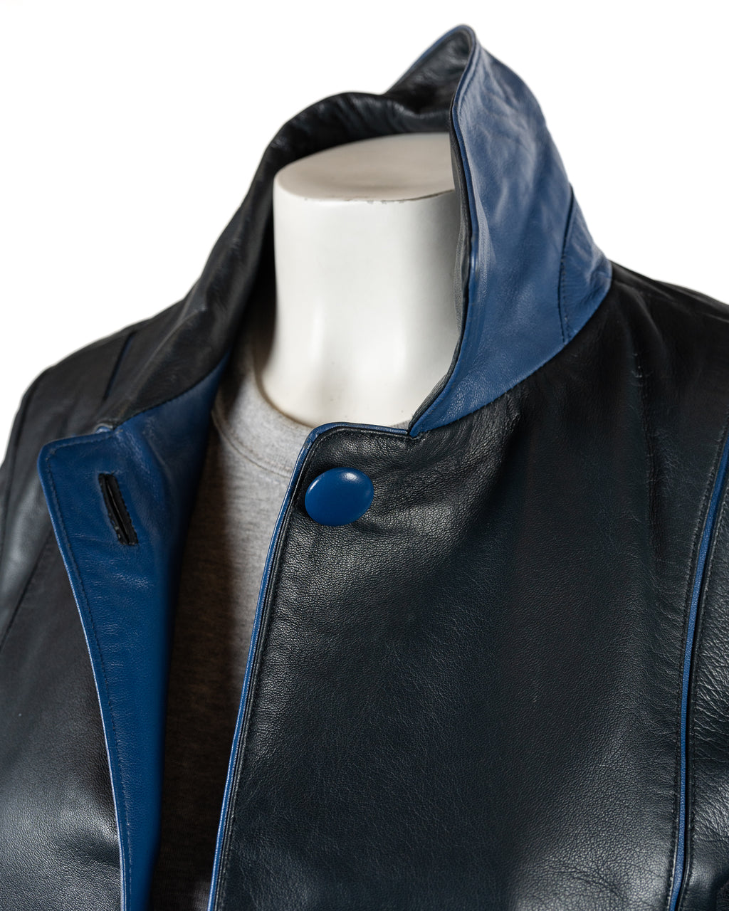 Ladies Navy Contrast Buttoned Leather Jacket: Cassandra